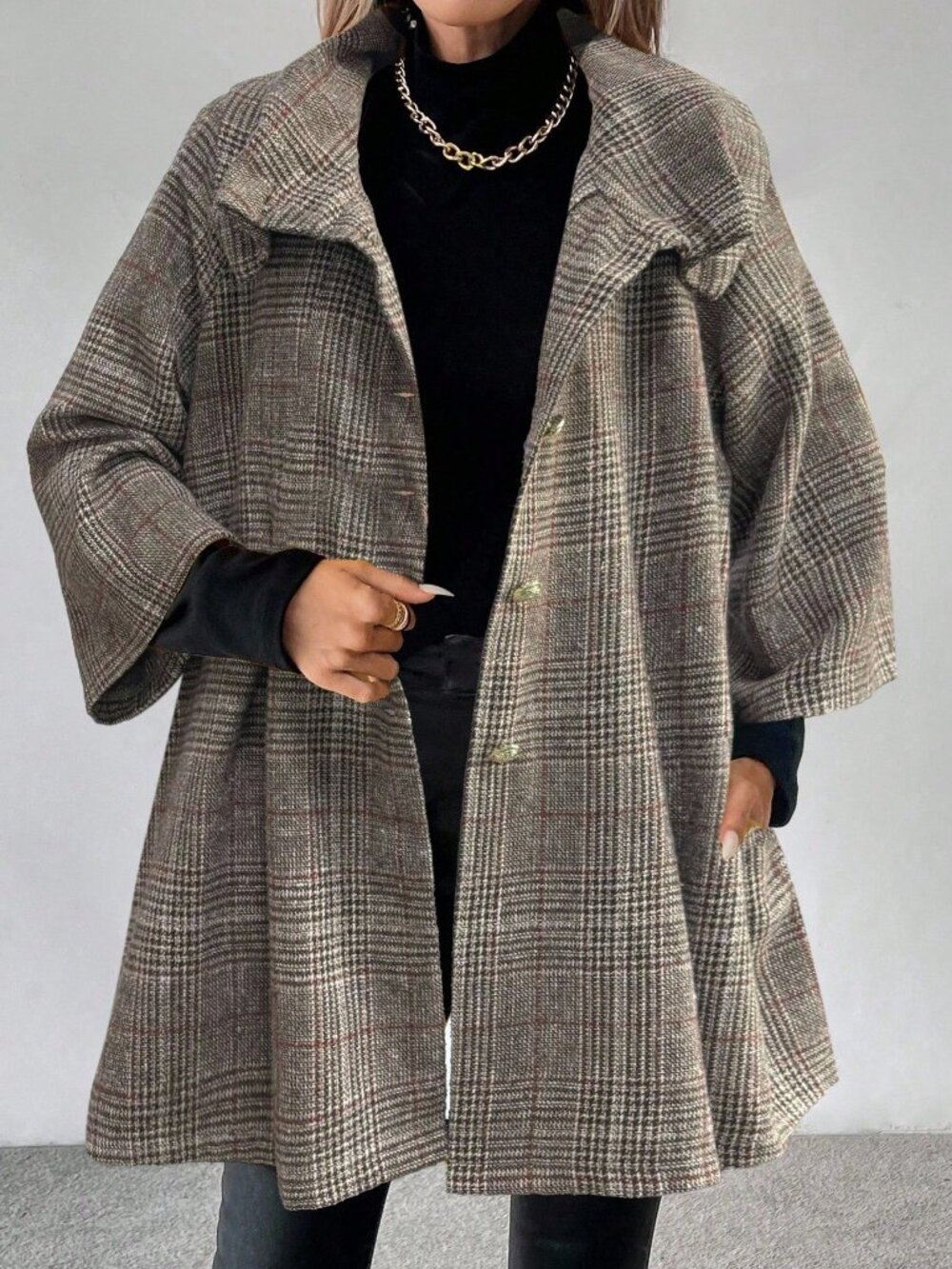 Grey Party Women's Plaid Single Breasted Raglan 3/4 Sleeve Jacket - Picture 5 of 7